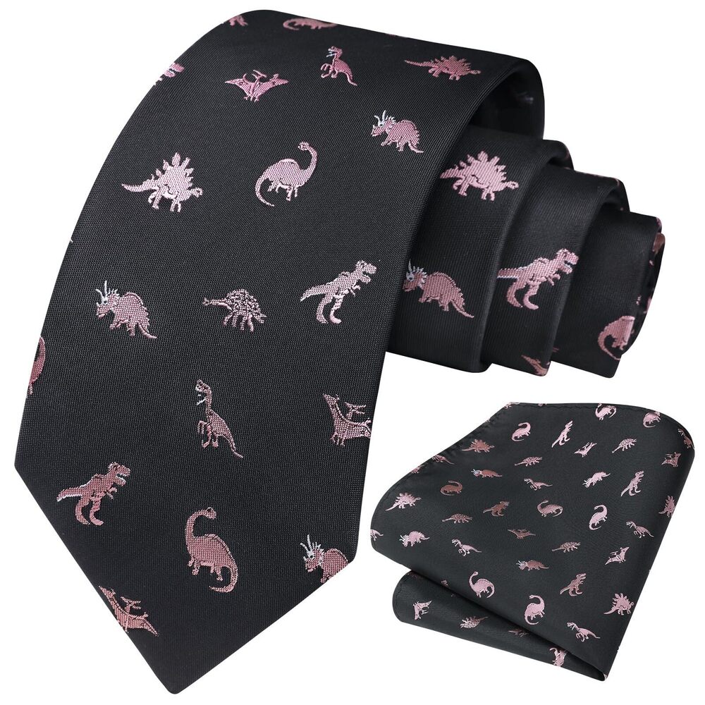 4314 Animal Ties Woven Casual Black Tie and Pocket Square Pink Dinosaur